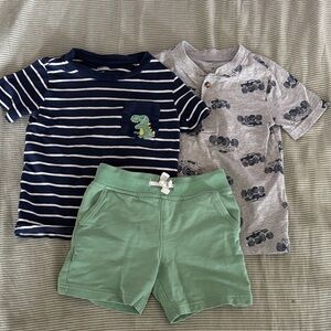 Striped Dinosaur Tee and Car Print Shirt with Green Shorts Set